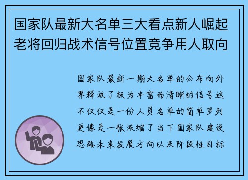 国家队最新大名单三大看点新人崛起老将回归战术信号位置竞争用人取向 国家队最新大名单三大看点新人崛起老将回归战术信号位置竞争用人取向